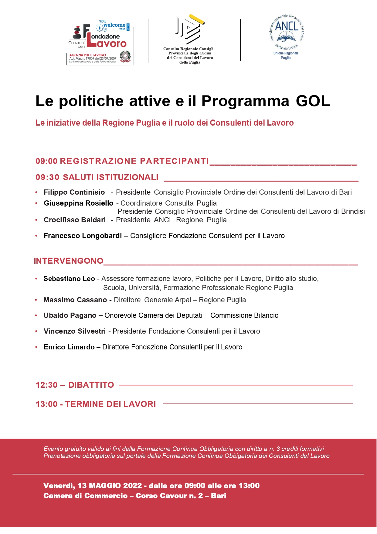 Convegno: Le politiche attive e il Programma GOL. Le iniziative della Regione Puglia e il ruolo dei Consulenti del Lavoro