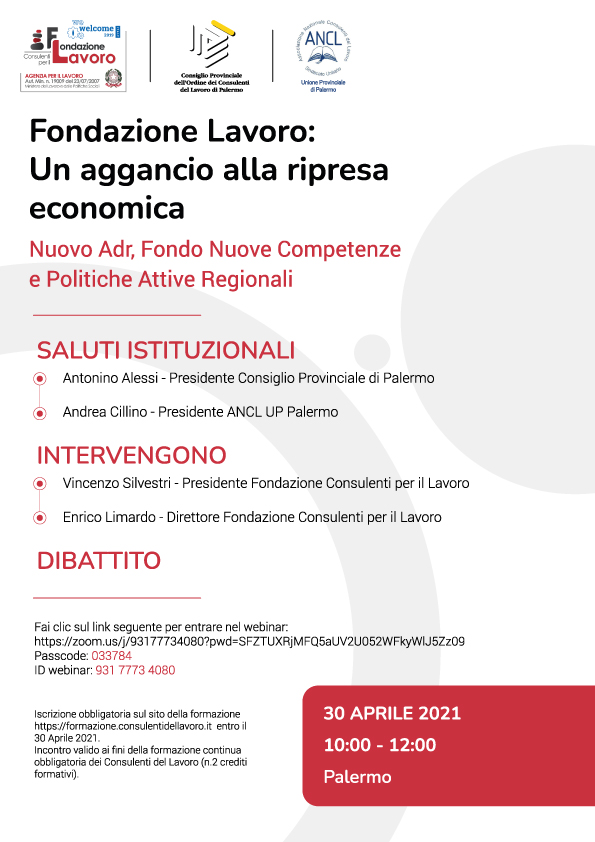 Fondazione Lavoro: Un aggancio alla ripresa economica Nuovo Adr, Fondo Nuove Competenze e Politiche Attive Regionali - Palermo